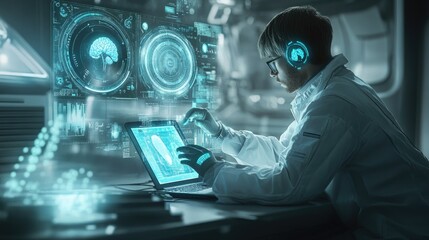 Close-up of doctor typing on laptop, digital health icons floating around, minimalistic background, cyberpunk style, high-tech aesthetic