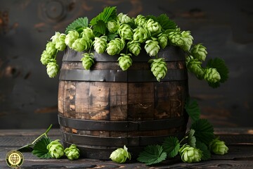 Freshly Harvested Hops in a Rustic Wooden Barrel