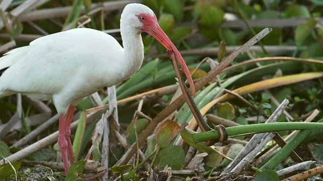A white ibis in Florida eating a snake
