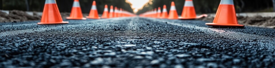 Low angle view of traffic cones on freshly paved road.