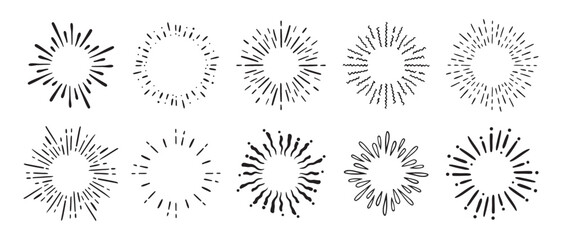 Vintage doodle Fireworks Sunburst Explosion set. Hand drawn Design Elements Black Rays