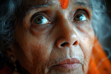 Elderly woman in traditional attire with thoughtful expression