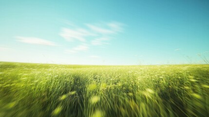 Obraz premium Sunny spring meadow blur background, blue sky to green grass gradient