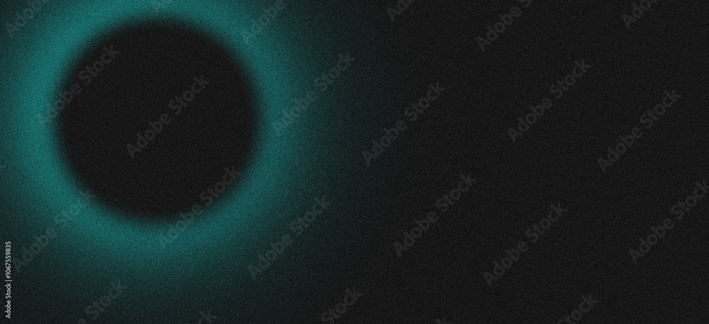 Poster abstract composition with a grainy texture background and a striking black circle surrounded by a te