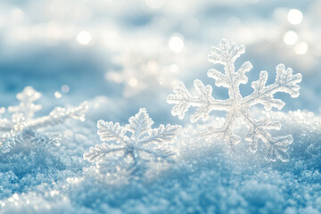 Ice snowflake close-up on snow on blue background. Winter concept template for Christmas, New Year and sale season. Postcard and flyer with space for text