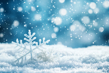 Ice snowflake close-up on snow on blue background. Winter concept template for Christmas, New Year and sale season. Postcard and flyer with space for text