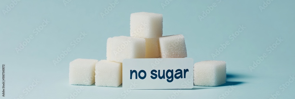 Poster sugar cubes arranged in a small pile with a sign reading no sugar promoting a sugar free lifestyle a