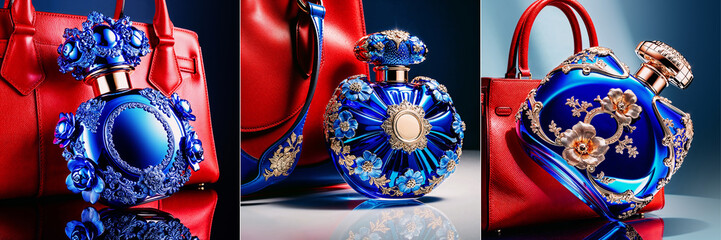 Blue perfume bottles with golden floral and ornamental details against a red lady's purse. Set of three images.