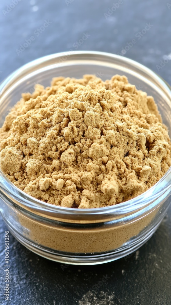 Poster cinnamon sticks and ground cinnamon in a glass bowl on a dark stone surface with empty space for tex
