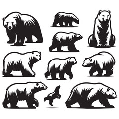 Polar Bear silhouette vector art black color design set  and solid white background 
