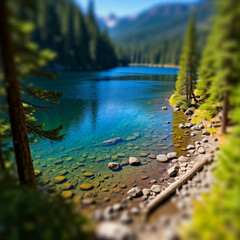Fototapeta premium landscape with lake and mountains. lakeside mountain forest view. lake in the mountain forest with blue sky.