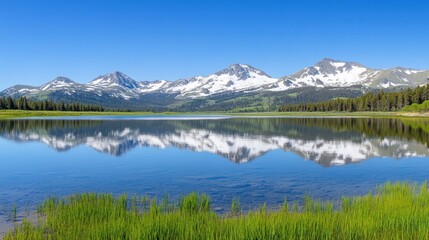 A panoramic view of a serene lake with snow-capped mountains reflecting in the clear water.