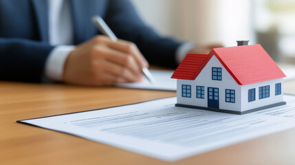 Home Buyer Signing Real Estate Contract with House Model on Table