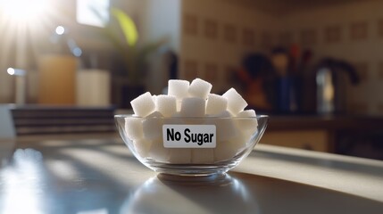 Glass bowl filled with sugar cubes and labeled no sugar sits on a kitchen counter, representing the concept of reducing sugar intake and promoting a healthy lifestyle