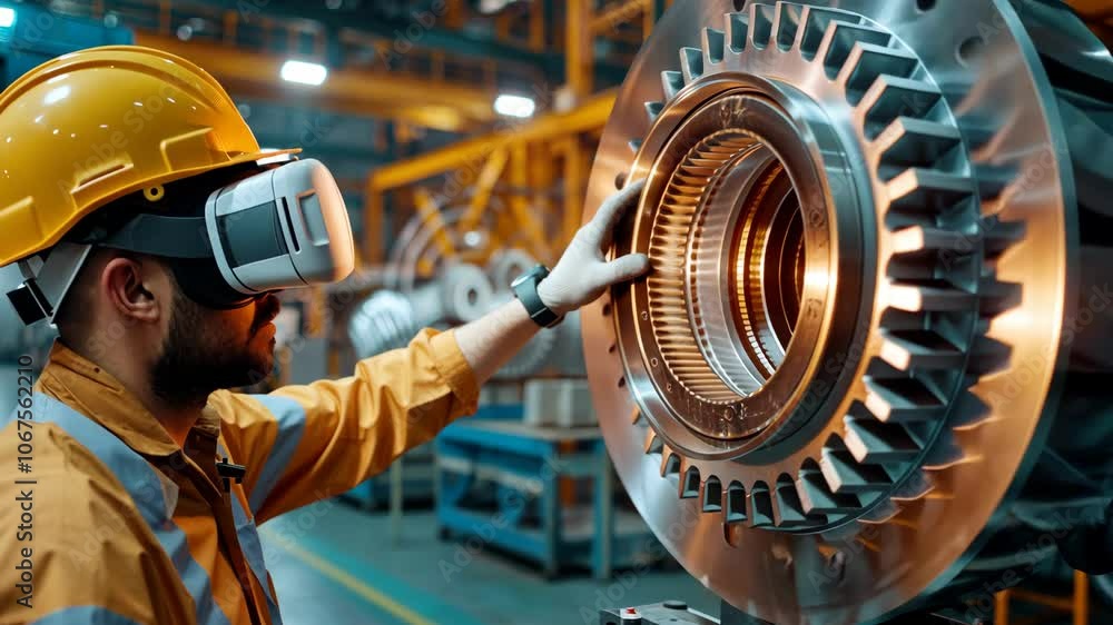 Poster a technician using virtual reality to inspect machinery components in a modern workshop
