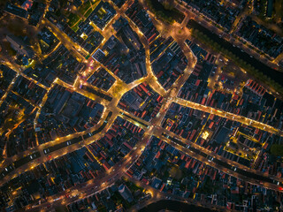 Topdown aerial night drone image of historic Frisian city of sneek