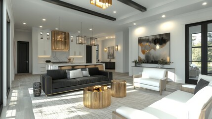 Modern Living Room Interior with Black and Gold Decor
