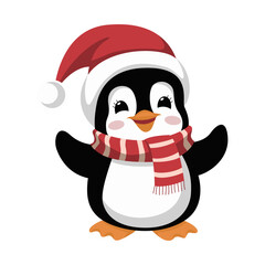 A cute penguin wearing a Christmas hat and a striped red scarf, isolated on a white background