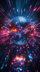 Dazzling Disco Ball with Vibrant Light Rays and Bokeh Effects, Capturing the Essence of a Dance Party