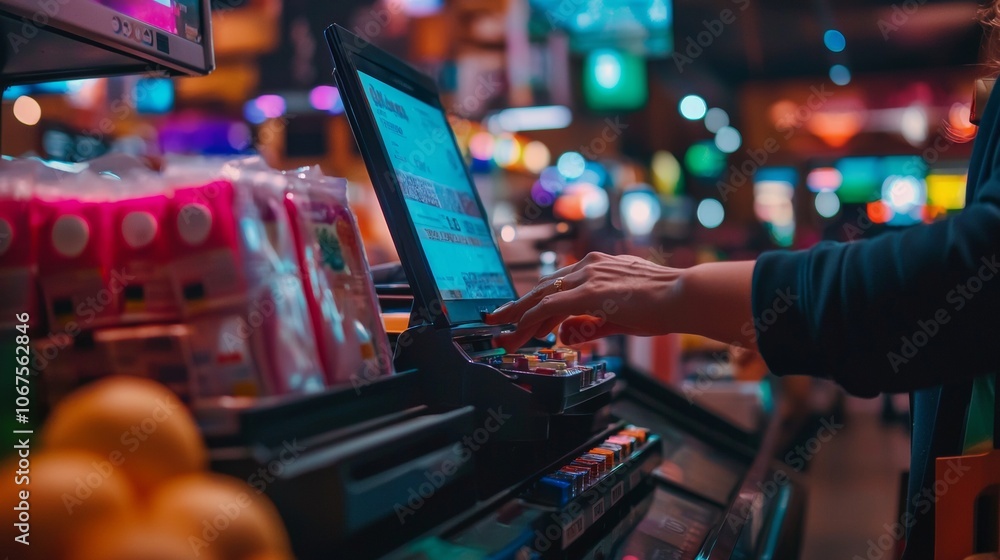 Poster hand using point of sale system at grocery store checkout