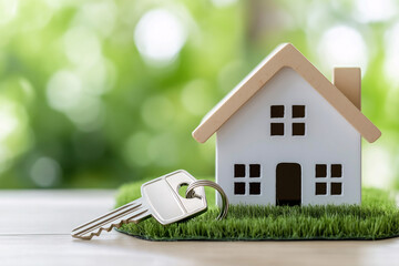 House Key on Grass with Green Background for Real Estate Concept