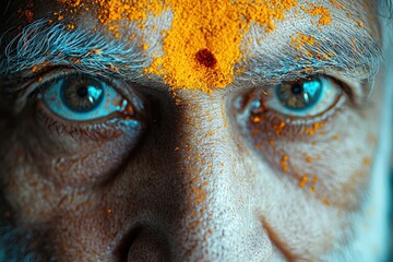 Close-up of elderly man with vibrant holi colors on face celebrating cultural festival