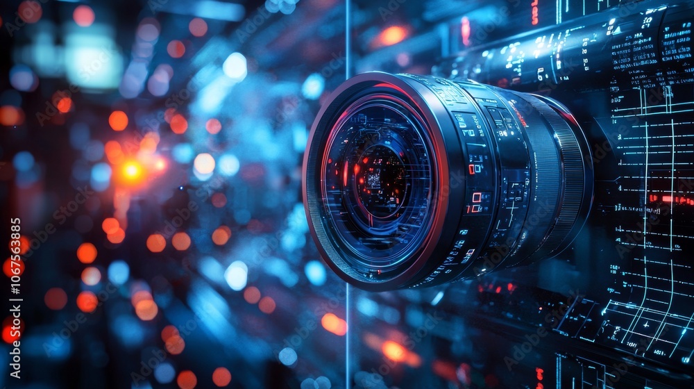 Poster futuristic camera lens with digital elements and bokeh