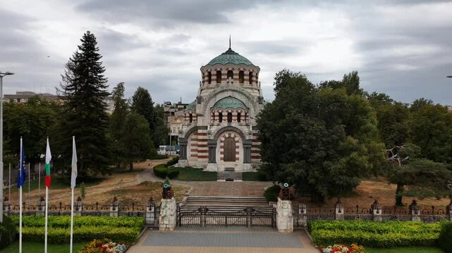 Drone view of the facade of chapel-mausoleum "St. George the Victorious" in Pleven, Bulgaria
