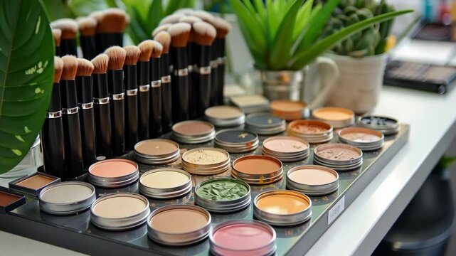 Exploring a vibrant makeup station with a variety of brushes and cream products in a bright, organized setting