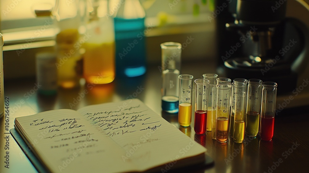 Aufkleber a notebook with handwritten notes sits open on a table next to a row of test tubes filled with color