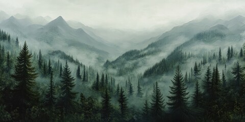 Fototapeta premium Misty forest mountains with tall green trees landscape nature fog.