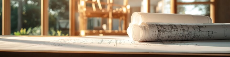 Bright sunlight on architectural blueprints in modern workspace