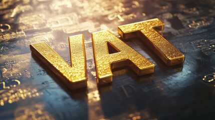 VAT - Value Added Tax, Elegant metallic vat letters on rich textured background highlighting finance