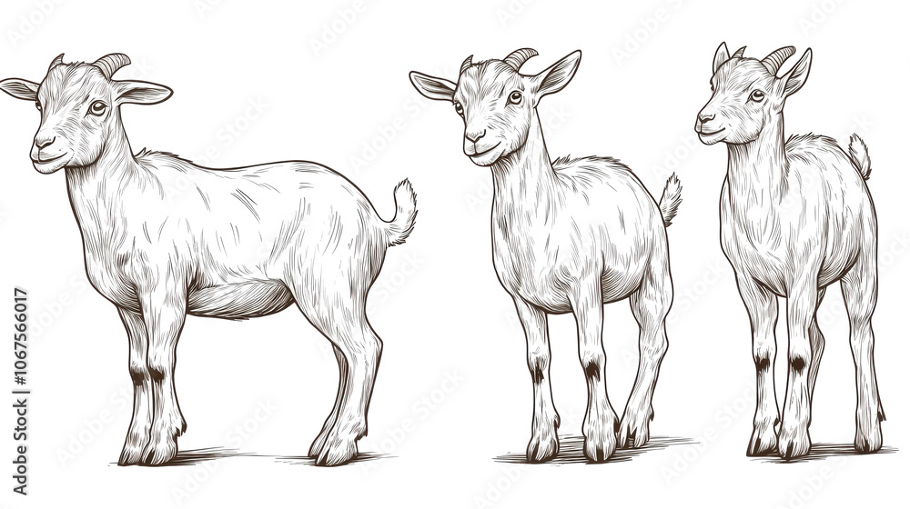 Poster vintage sketches of nigerian dwarf goats on clear background generative ai