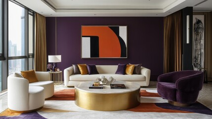 Modern Living Room with Purple Walls, Gold Accents, and Abstract Artwork