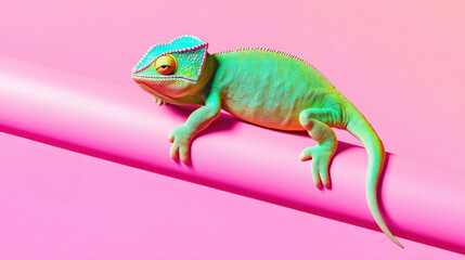 Obraz premium Colorful Chameleon on Pink Background