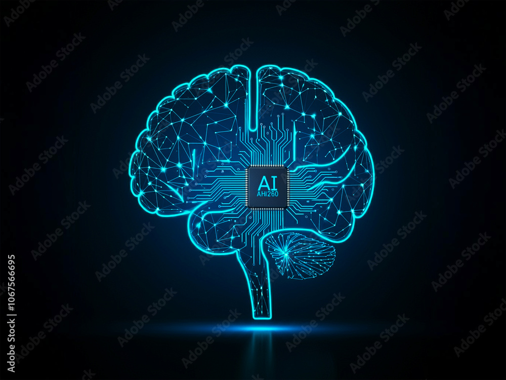 Poster digital brain shaped with blue neural connection lines and glowing dots. ai.