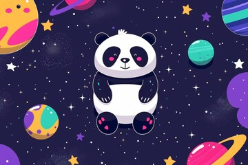 Cute cosmic panda floating in space with colorful planets