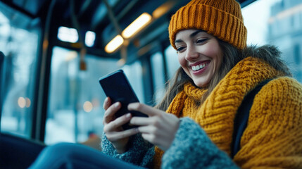 Fototapeta premium Smiling Woman Relaxing and Using Smartphone on Public Transport