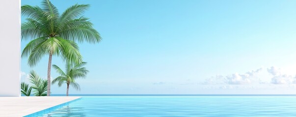 Fototapeta premium A serene image of a poolside with palm trees against a clear blue sky, evoking feelings of relaxation and tropical escape.