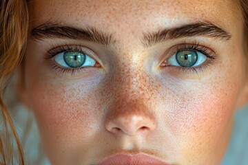 Naklejka premium Intense freckled gaze: close-up of blue eyes with natural freckles and soft lighting
