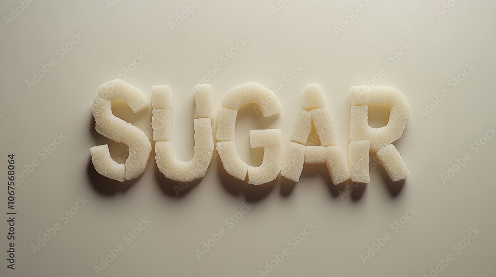 Poster small sugar cubes forming the word sugar on a neutral background, representing concepts related to s