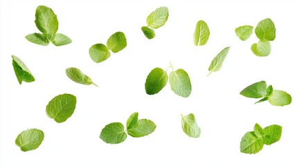 collection of delicious fresh mint leaves flying isolated on white background