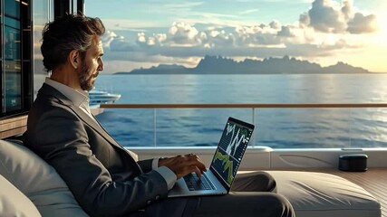 Businessman analyzes market trends while relaxing on a luxury yacht near a stunning island at sunset - Powered by Adobe