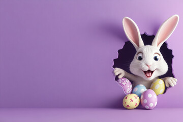 3d easter bunny peeking with decorated eggs on purple background