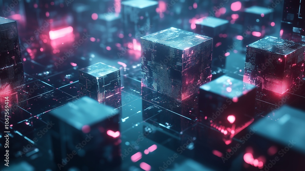Poster digital cubes illuminated with glowing lights in a futuristic virtual environment