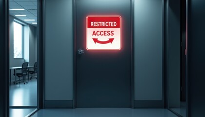 Fototapeta premium Restricted access door in dimly lit office corridor with neon warning sign