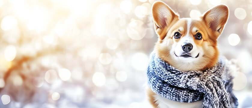 winter cuttie corgi dog isolated over festive sparkly golden bright bokeh background with copy space
