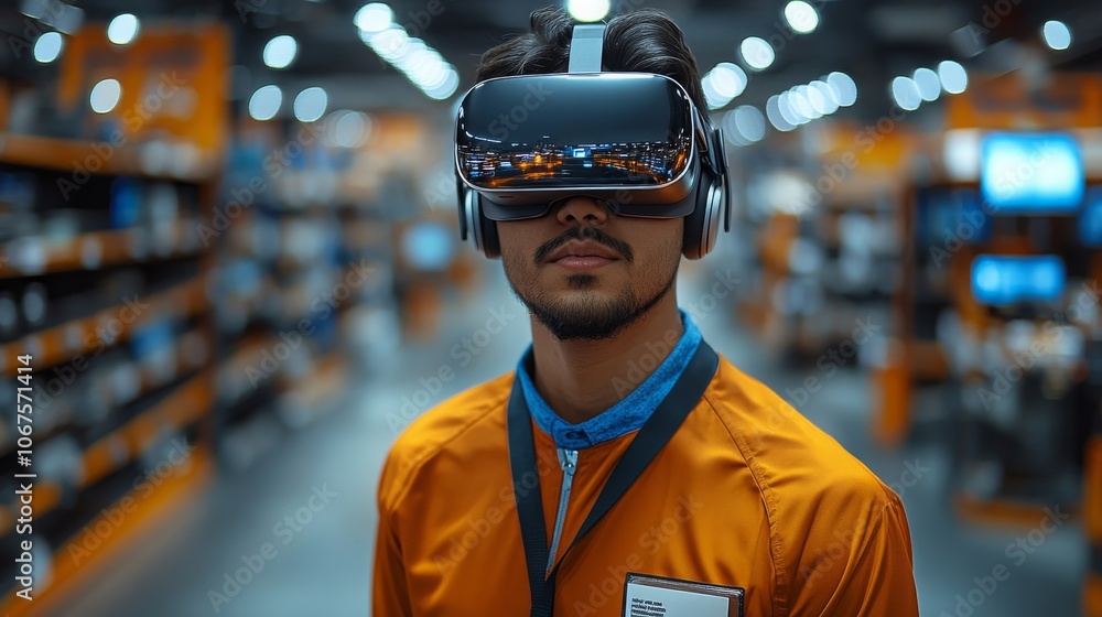 Poster consultant in an orange uniform recommending virtual reality technology in a tech store