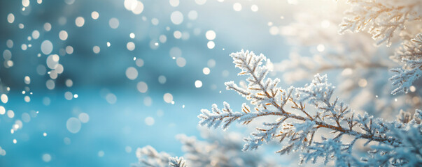 Branch of snowy green spruce, Christmas tree on blue background with snowfall. Winter template, banner concept for Christmas, New Year and sale season. Web card and backdrop with space for text